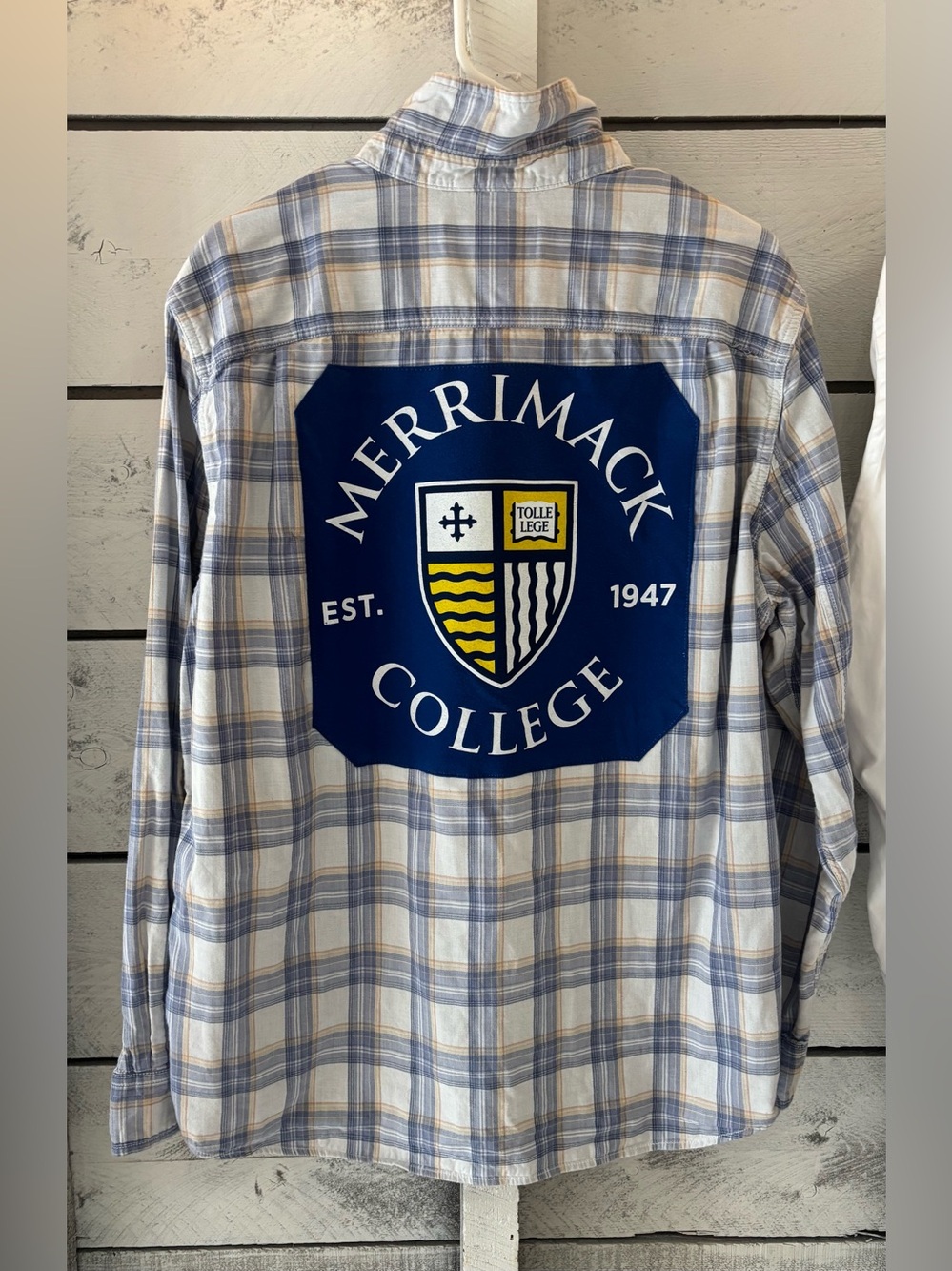 Merrimack College Upcycled Custom plaid shirt Size Large chest 23 length 29”